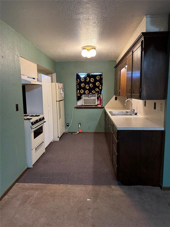 kitchen with dark brown cabinetry, dark carpet, and white appliances