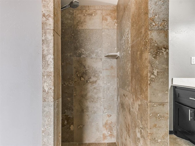 interior details with tiled shower and vanity