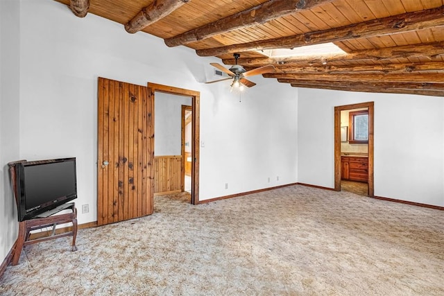 unfurnished living room featuring ceiling fan, light colored carpet, lofted ceiling with beams, and wooden ceiling