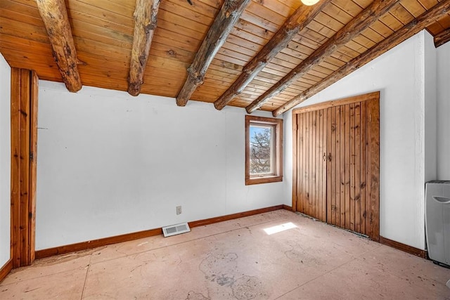 interior space with lofted ceiling with beams and wooden ceiling