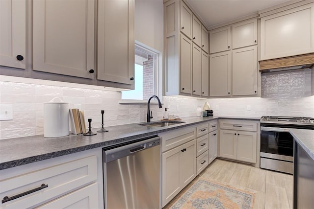 kitchen with stainless steel appliances, sink, custom exhaust hood, and backsplash