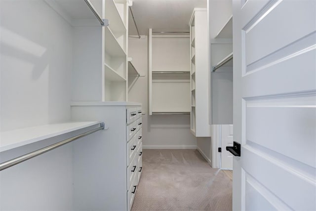 walk in closet with light carpet