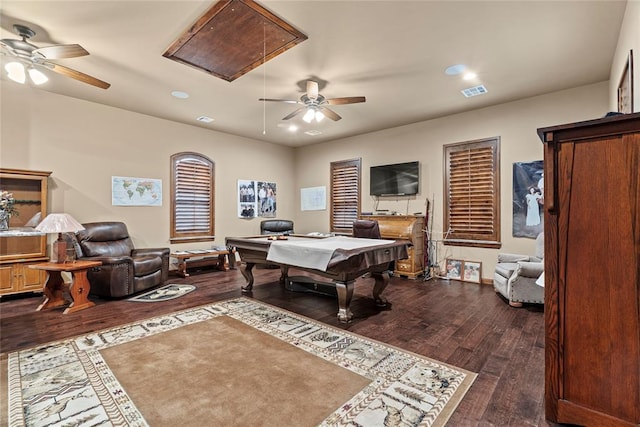 recreation room featuring attic access, ceiling fan, dark wood-type flooring, recessed lighting, and billiards