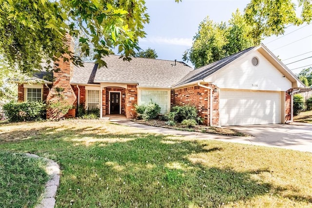 single story home with a garage and a front yard