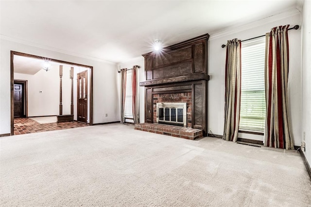 unfurnished living room featuring light carpet, a brick fireplace, and crown molding