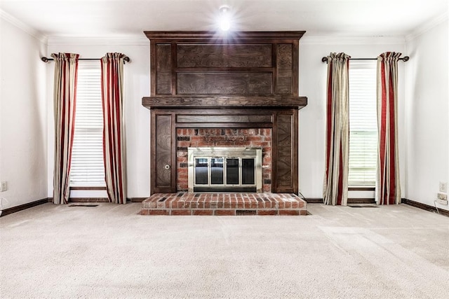 unfurnished living room featuring light carpet and crown molding