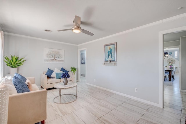 living room featuring crown molding and ceiling fan