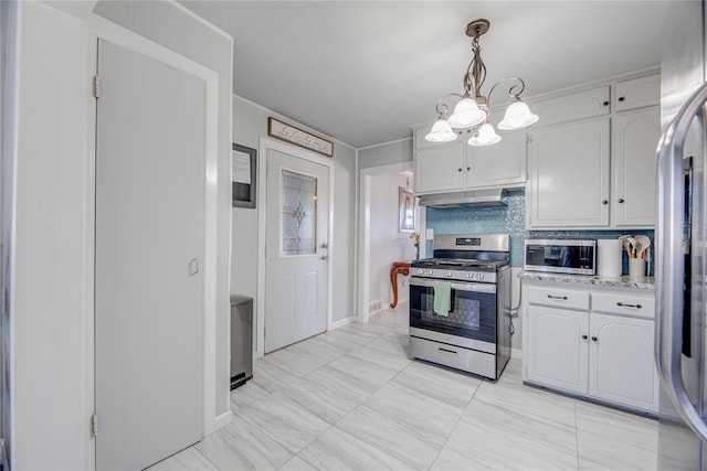 kitchen featuring white cabinetry, pendant lighting, stainless steel appliances, range hood, and backsplash