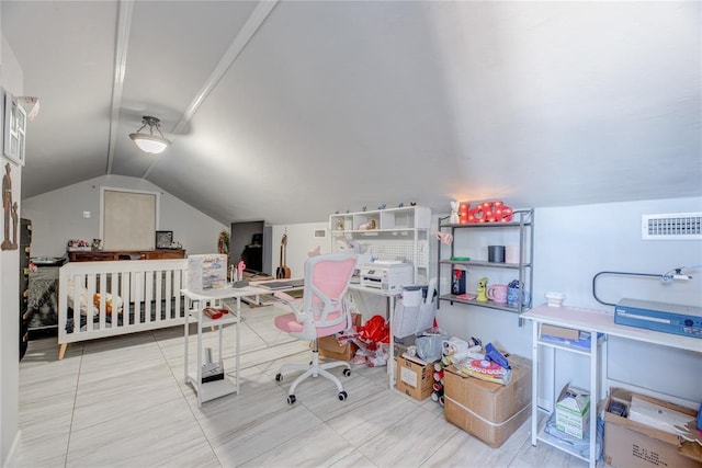 home office with vaulted ceiling