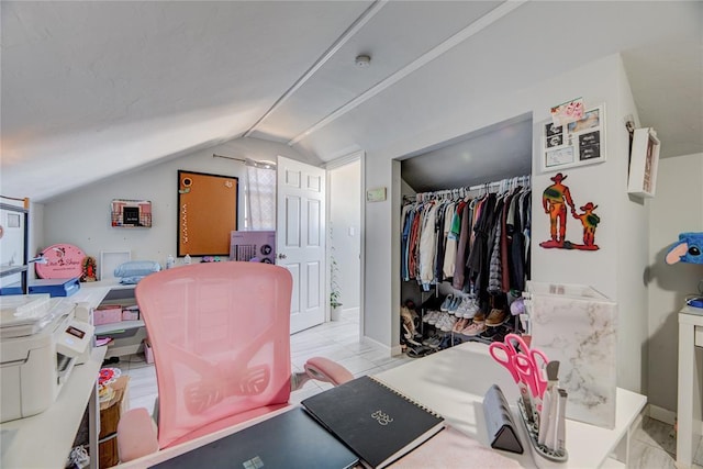 home office with vaulted ceiling