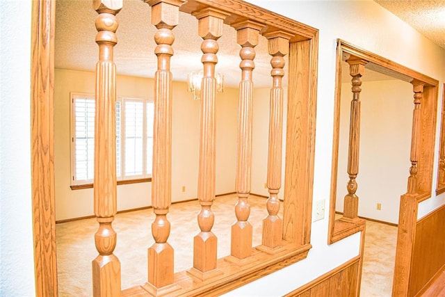 interior details featuring carpet floors and a textured ceiling