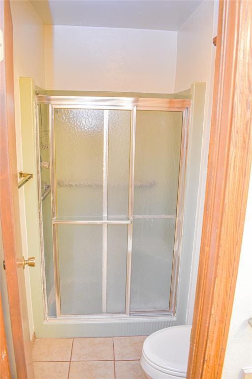 bathroom featuring walk in shower, toilet, and tile patterned flooring