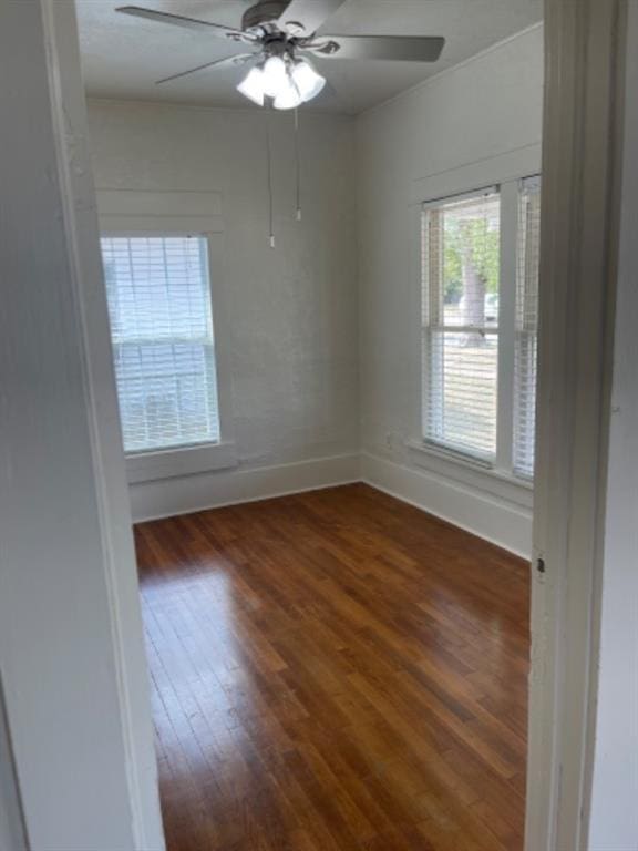 spare room featuring ceiling fan and dark hardwood / wood-style floors