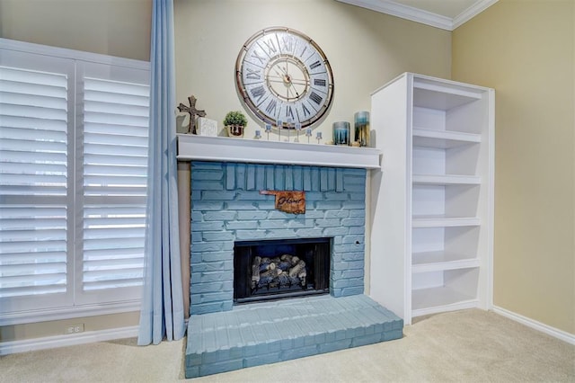 unfurnished living room featuring ornamental molding, carpet floors, and a fireplace