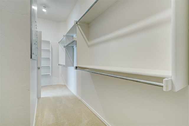 walk in closet with light colored carpet