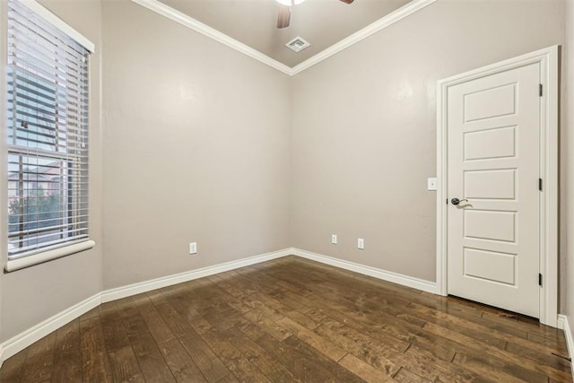 unfurnished room featuring crown molding, ceiling fan, and dark hardwood / wood-style floors