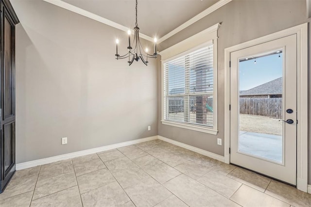 unfurnished dining area with ornamental molding, a chandelier, and light tile patterned floors