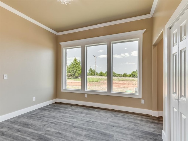 spare room with crown molding and light hardwood / wood-style flooring