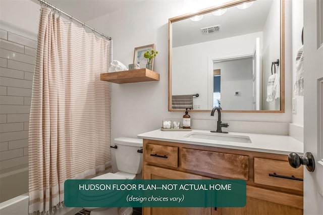 full bathroom featuring shower / bath combination with curtain, vanity, and toilet