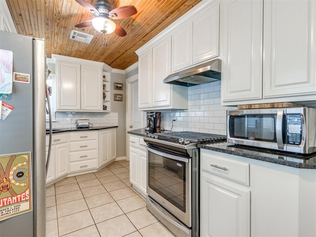 kitchen with light tile patterned floors, wood ceiling, stainless steel appliances, white cabinets, and decorative backsplash