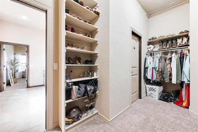 spacious closet featuring light colored carpet