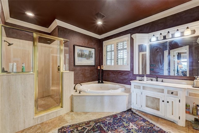 bathroom featuring vanity, crown molding, and plus walk in shower