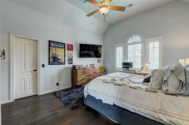 bedroom featuring dark wood-type flooring, ceiling fan, and vaulted ceiling