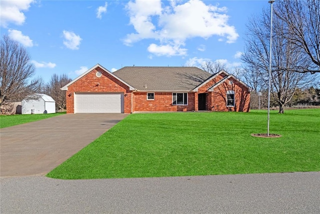 single story home with a garage and a front lawn