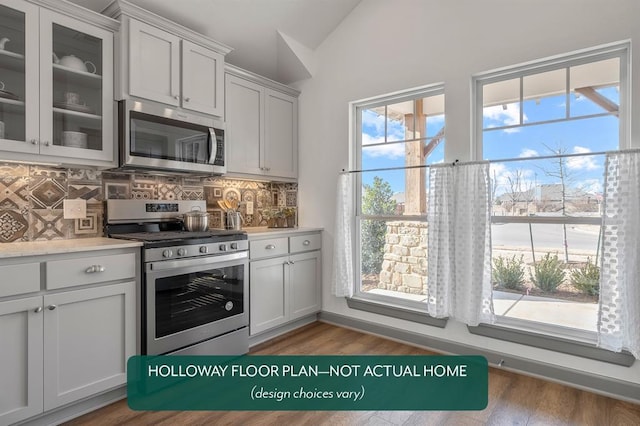 kitchen featuring white cabinetry, vaulted ceiling, dark hardwood / wood-style floors, stainless steel appliances, and backsplash