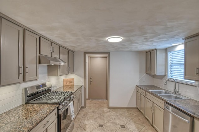 kitchen featuring sink, tasteful backsplash, a textured ceiling, appliances with stainless steel finishes, and gray cabinets