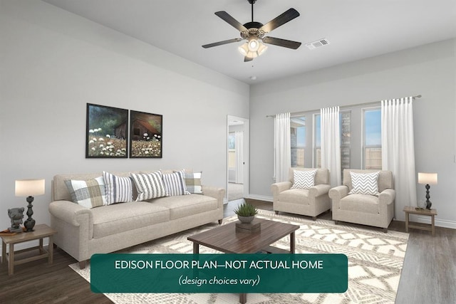 living room with ceiling fan and dark hardwood / wood-style floors