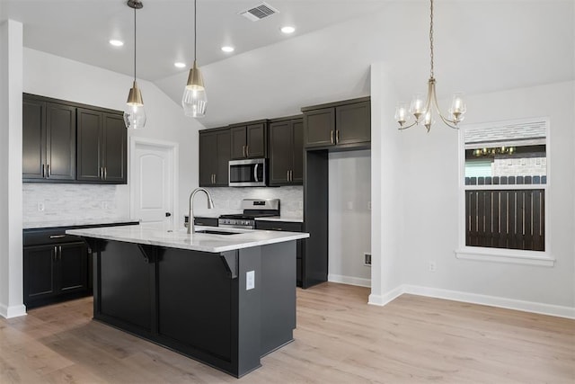 3400 Piney River Dr, Yukon, OK 73099 - kitchen featuring lofted ceiling, stainless steel appliances, a sink, visible vents, and pendant lighting