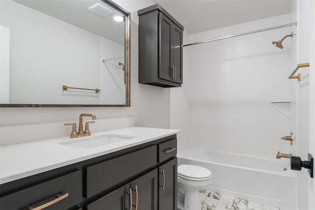 3400 Piney River Dr, Yukon, OK 73099 - full bathroom with visible vents, toilet, marble finish floor, tub / shower combination, and vanity