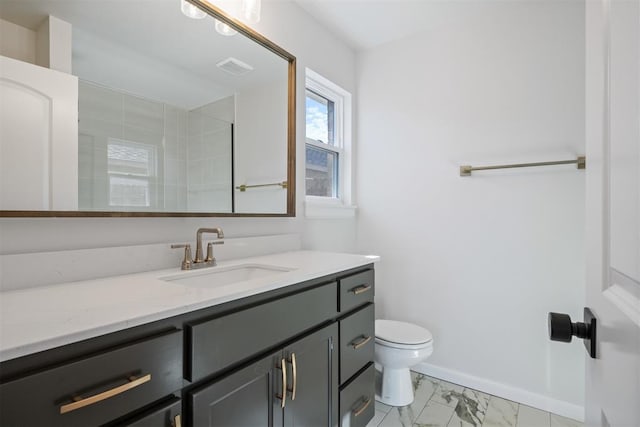 3400 Piney River Dr, Yukon, OK 73099 - full bathroom featuring toilet, vanity, baseboards, marble finish floor, and a tile shower