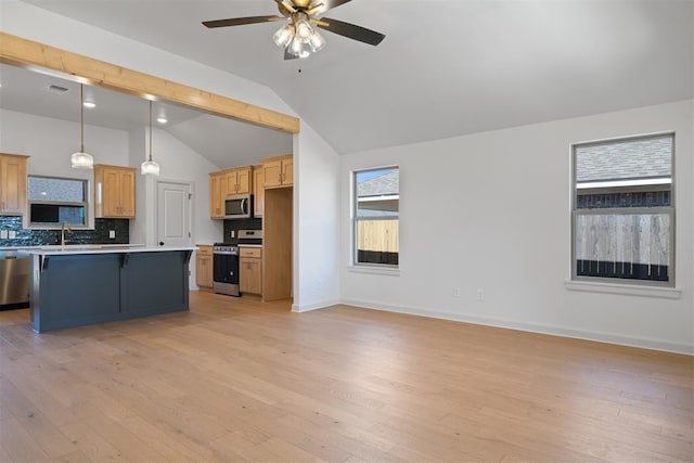 kitchen with light wood-style floors, appliances with stainless steel finishes, open floor plan, and light countertops