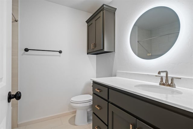 full bathroom with toilet, tile patterned floors, a shower, and vanity