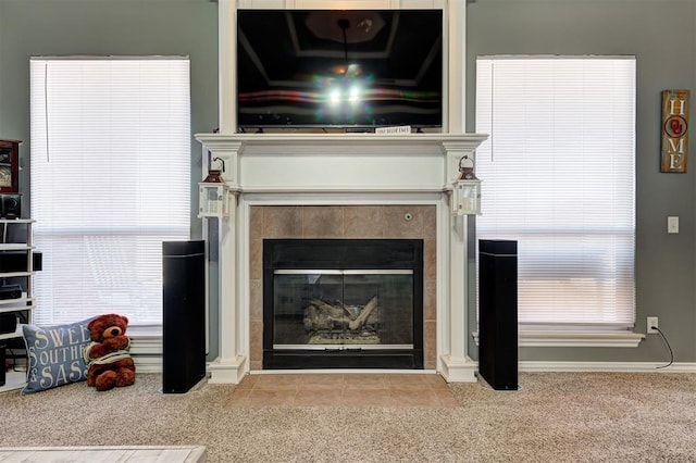 details featuring carpet and a fireplace