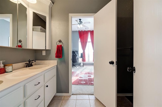 bathroom with vanity, tile patterned floors, and ceiling fan