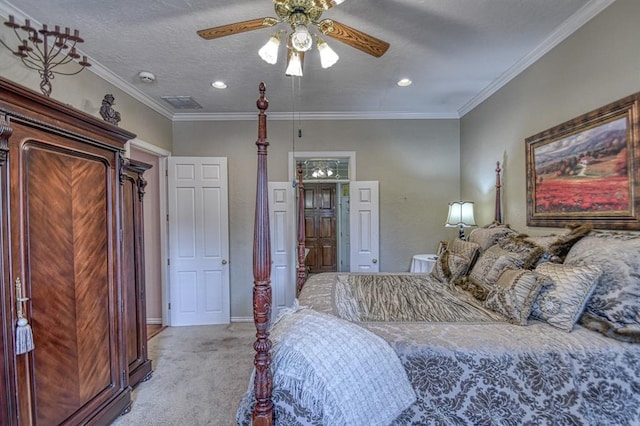 3225 Cotswold Sq, Norman, OK 73072 - carpeted bedroom with ceiling fan, ornamental molding, and a textured ceiling