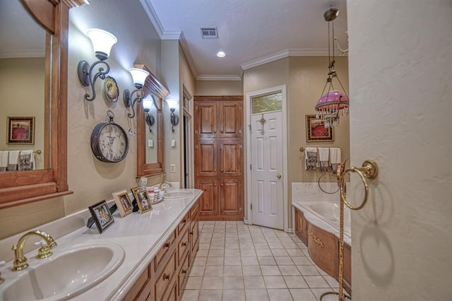 3225 Cotswold Sq, Norman, OK 73072 - bathroom featuring tile patterned flooring, tiled tub, vanity, and ornamental molding