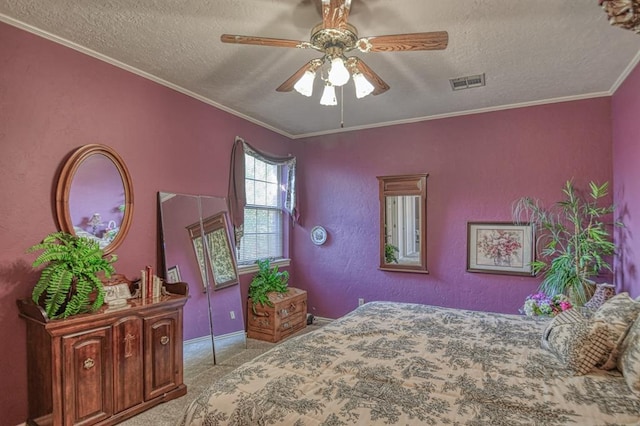 3225 Cotswold Sq, Norman, OK 73072 - carpeted bedroom featuring crown molding, ceiling fan, and a textured ceiling