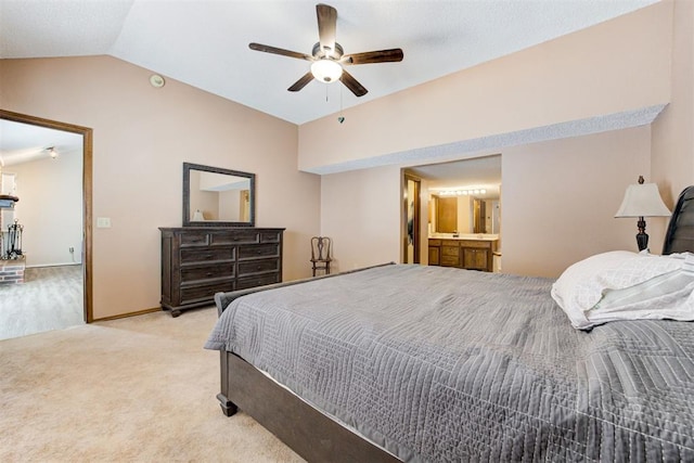 bedroom with lofted ceiling, light colored carpet, and ceiling fan