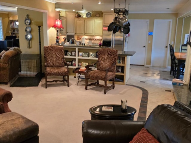 tiled living room featuring ornamental molding