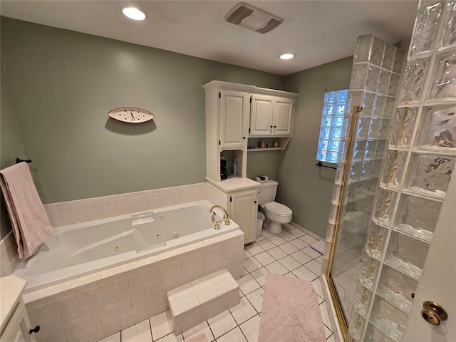 bathroom with tile patterned floors, independent shower and bath, and toilet