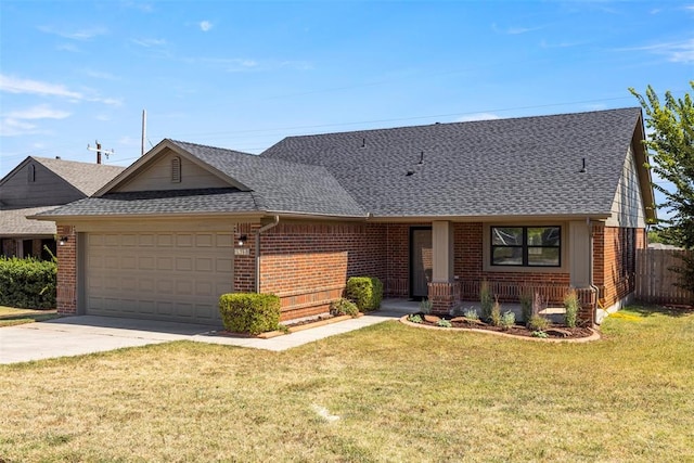 ranch-style house with a garage and a front yard