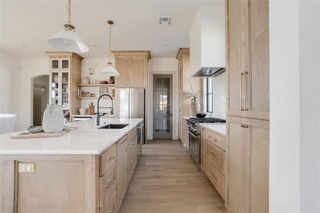 kitchen featuring sink, light brown cabinets, pendant lighting, stainless steel appliances, and a large island