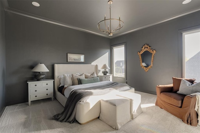 carpeted bedroom with crown molding, multiple windows, and a notable chandelier