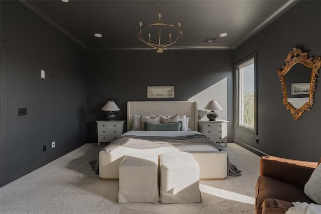 carpeted bedroom with crown molding