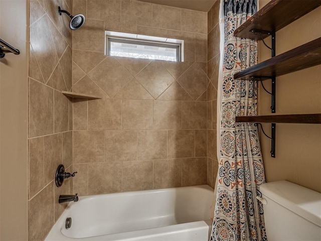 bathroom featuring shower / bathtub combination with curtain and toilet