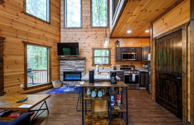 kitchen featuring wooden walls, wooden ceiling, dark wood-type flooring, stainless steel appliances, and a stone fireplace